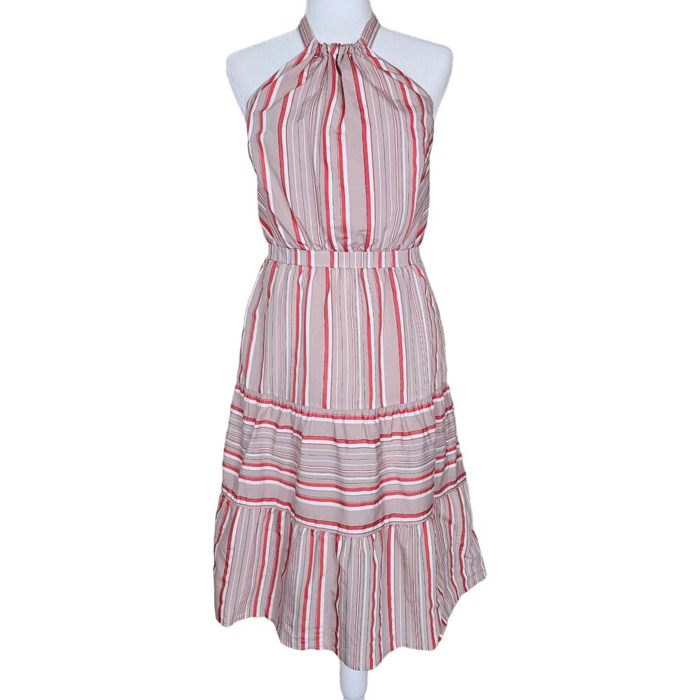 KAARI Blue Blouson Halter Dress Womens Medium Petite Tan Coral Striped Tiered